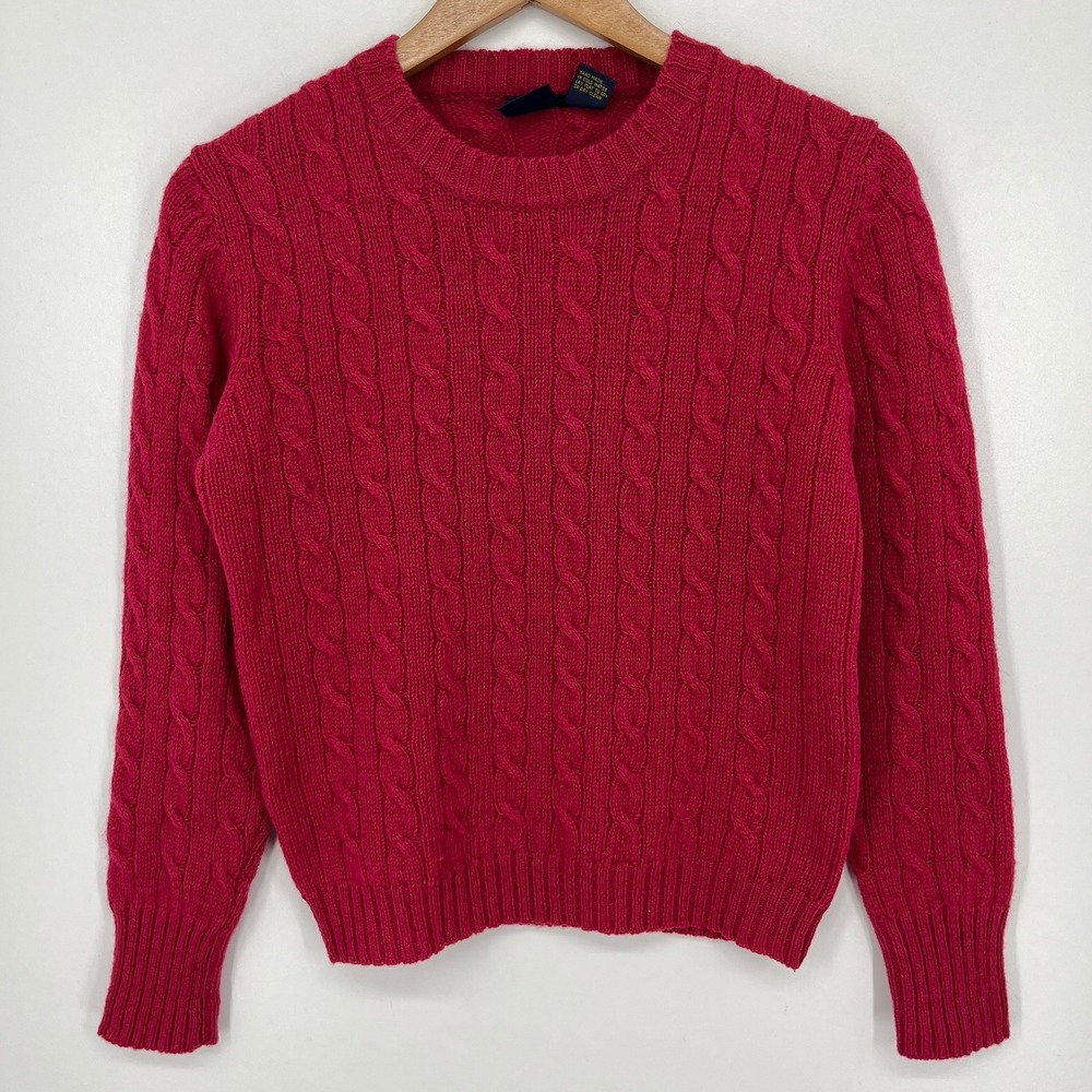 Post Horn Magenta Pink 100% Shetland Wool Cable Knit Crew Neck Sweater Womens 38